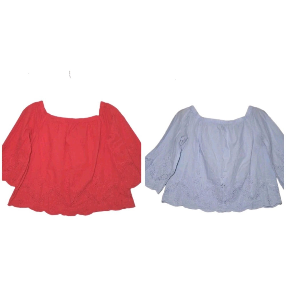 (2) F21 Off Shoulder Top Cotton Eyelet Embroidered Blouse Bright Red & Ice Blue - Picture 1 of 12